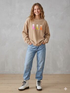 Western Cowboy Boots Corded Crewneck Sweatshirt Beige Oversized Graphic